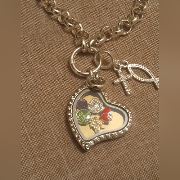 Silver Tone 12" Chain, Heart Charm Locket, Rhinestones Necklace, Believe Etched - Picture 2 of 8